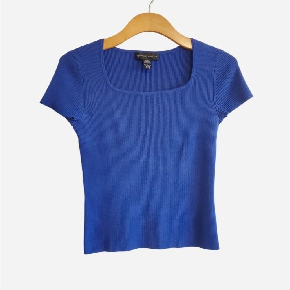 Spenser Jeremy Silk Blend Blue Ribbed Square Neck Top Size S Minimal 90s Y2K - Picture 1 of 10